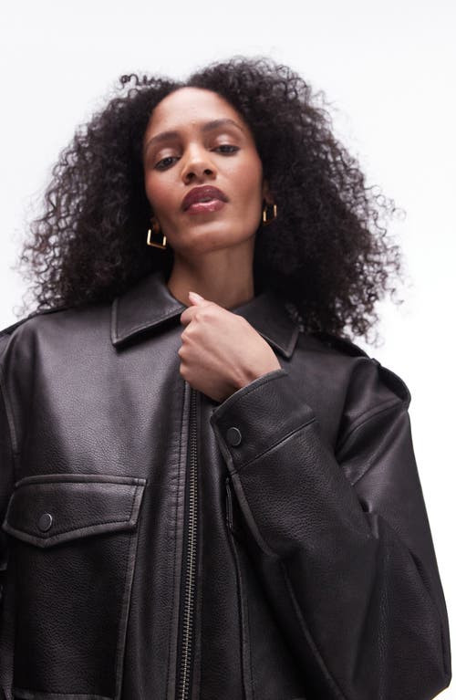 Shop Topshop Faux Leather Crop Bomber Jacket In Black