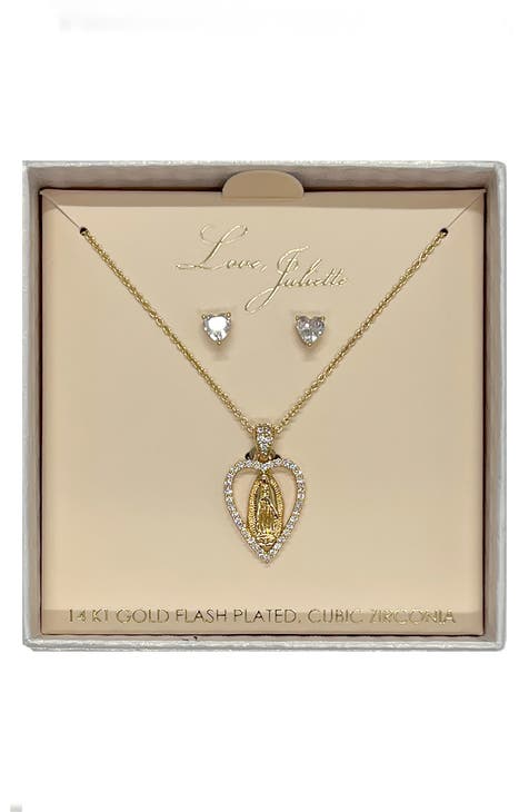Cubic Zirconia Heart Stud Earrings & Mother Mary Heart Pendant Necklace Set