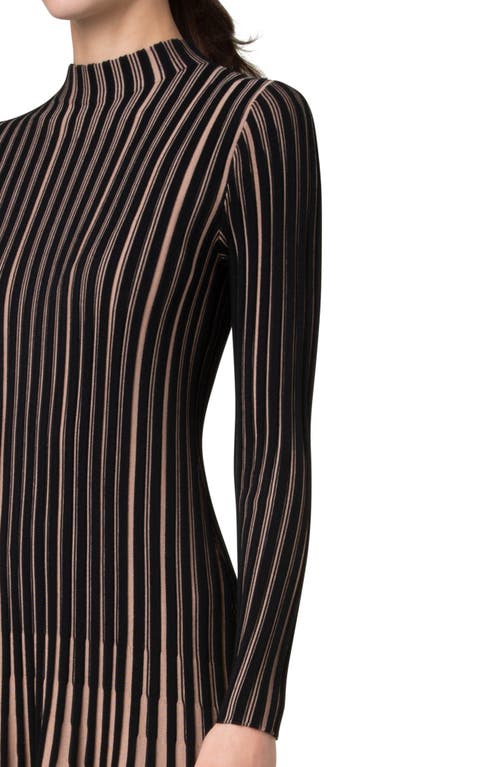 Akris Punto Stripe Long Sleeve Merino Wool Rib Sweater Dress In Black-caramel