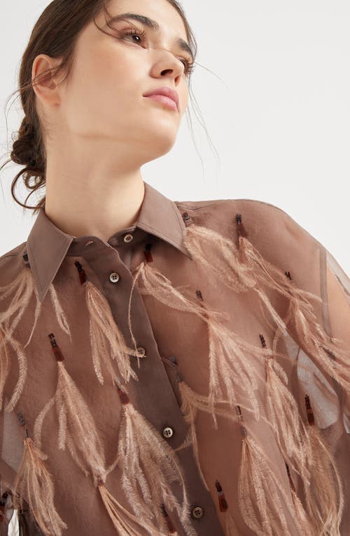 Shop Brunello Cucinelli Crispy Silk Shirt With Dazzling Feather Embroidery In Brown