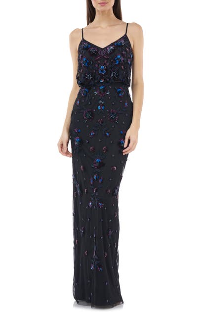 Js Collections Beaded Blouson Gown In Black Multi | ModeSens