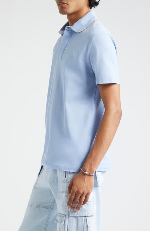 Shop Versace Contrast Trim Cotton Piqué Knit Polo In Blue Hydrangea