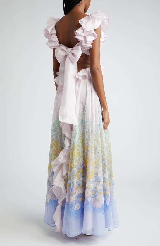 Shop Zimmermann Floral Ruffle Linen & Silk Gown In Blue Meadow