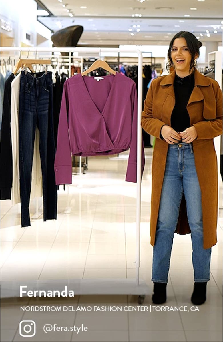 Long Sleeve Stretch Satin Faux Wrap Top, sales video thumbnail