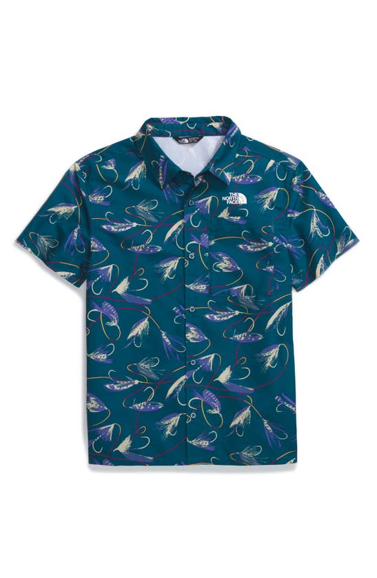 Shop The North Face Kids' Amphibious Print Short Sleeve Button-up Shirt In Blue Moss Gone Fishing Print