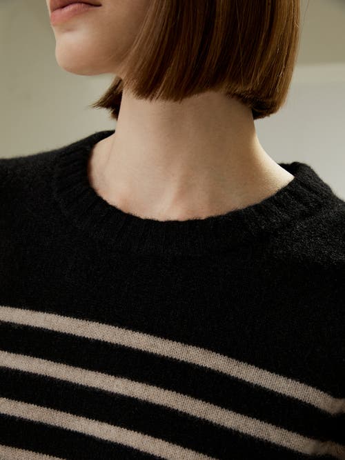 Shop Lilysilk Striped Round Collar Cashmere Sweater In Black