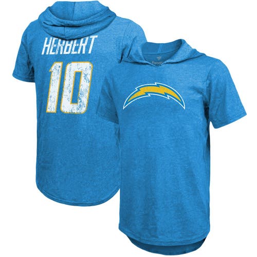 Men's Majestic Threads Justin Herbert Powder Blue Los Angeles Chargers Player Name & Number Tri-Blend Slim Fit Hoodie T-Shirt