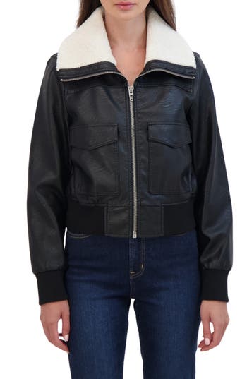 Sebby Faux Shearling Trim Bomber Jacket In Black