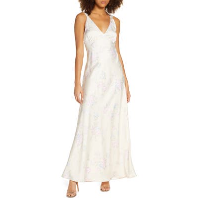 Wayf The Vlora Floral Double Strap Gown, Beige