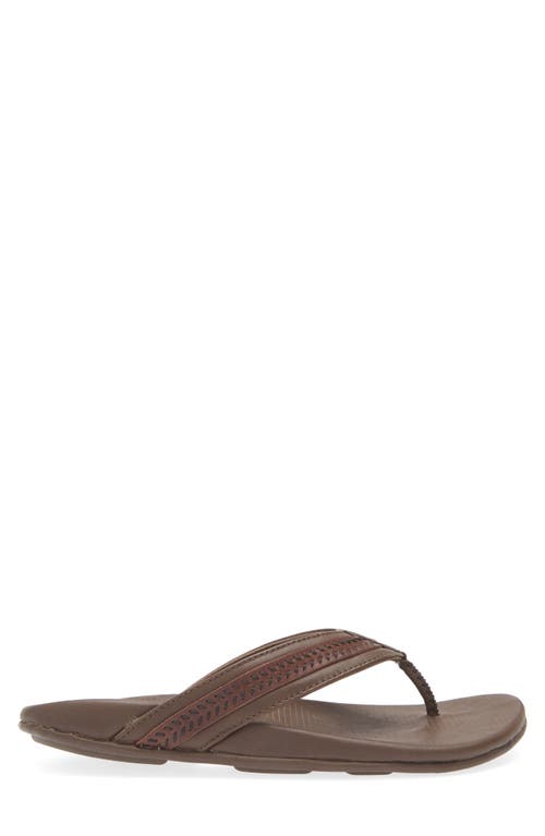 Shop Olukai Aho Leather Flip Flop In Dk Wood/dk Wood