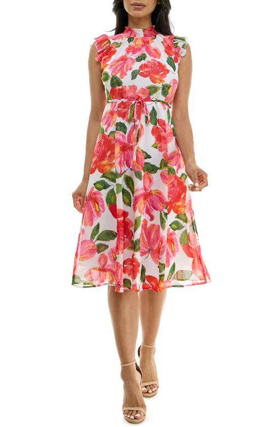 Nina Leonard Smock Chiffon Midi Dress In Dragon Fruit Multi