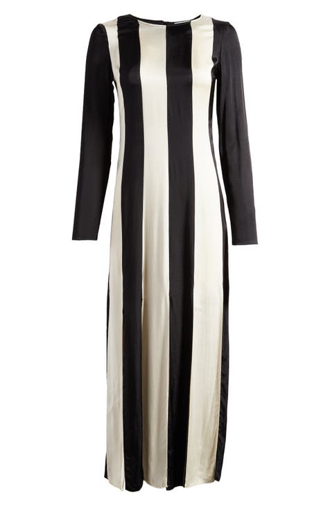Stripe Long Sleeve Satin Maxi Dress