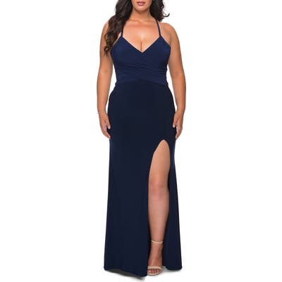 Plus Size La Femme Strappy Tie Back Trumpet Gown, Blue