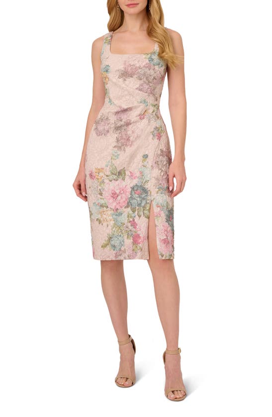 Adrianna Papell Plus Size Floral-print Square-neck Sheath Dress In Marble Multi