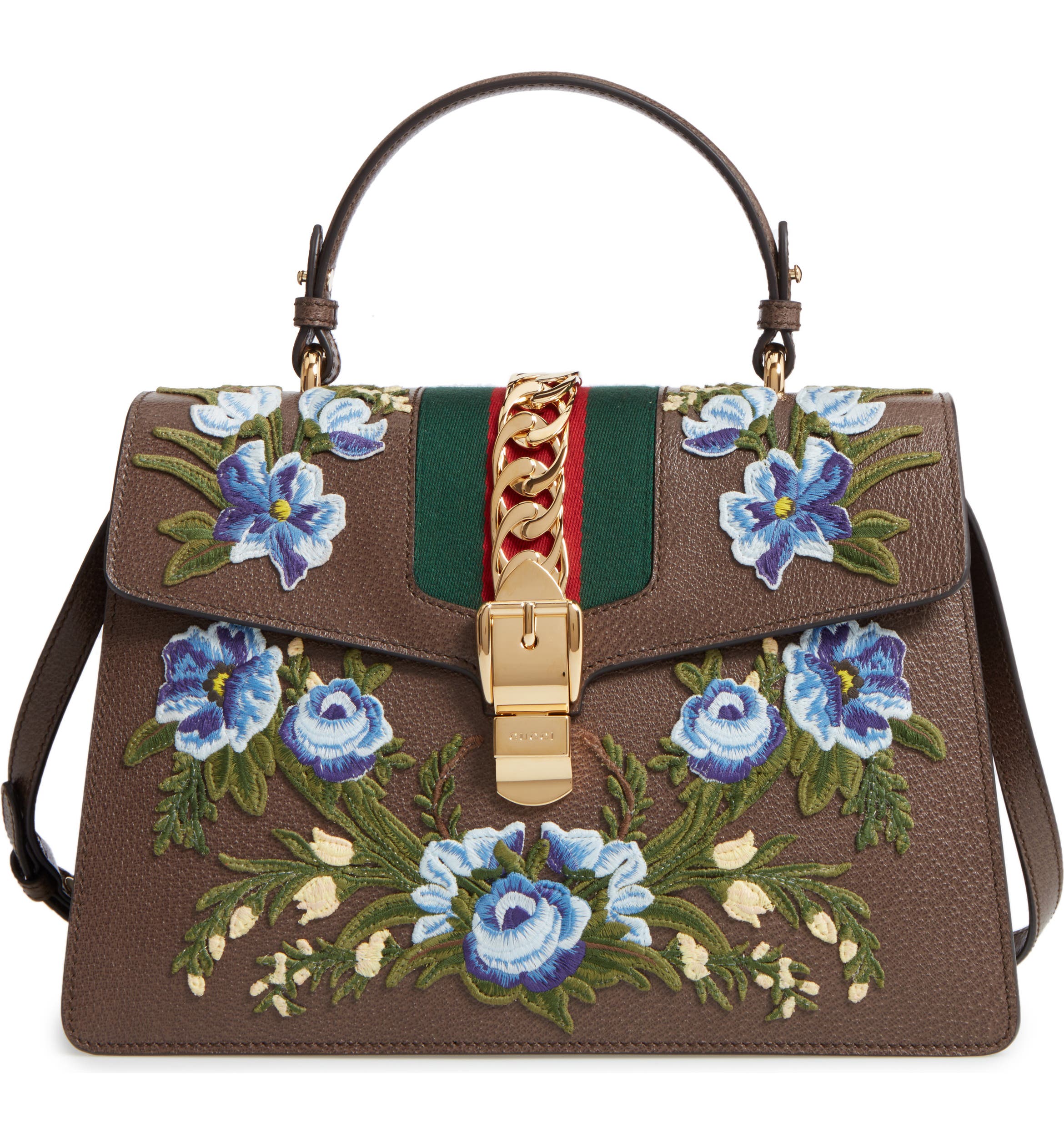 Gucci Medium Sylvie Embroidered Top Handle Leather Shoulder Bag | Nordstrom