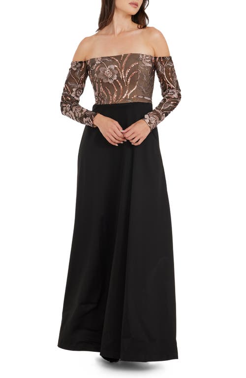 Dress the Population Margaret Sequin Embroidered Off Shoulder Long Sleeve Gown Black Multi at Nordstrom,