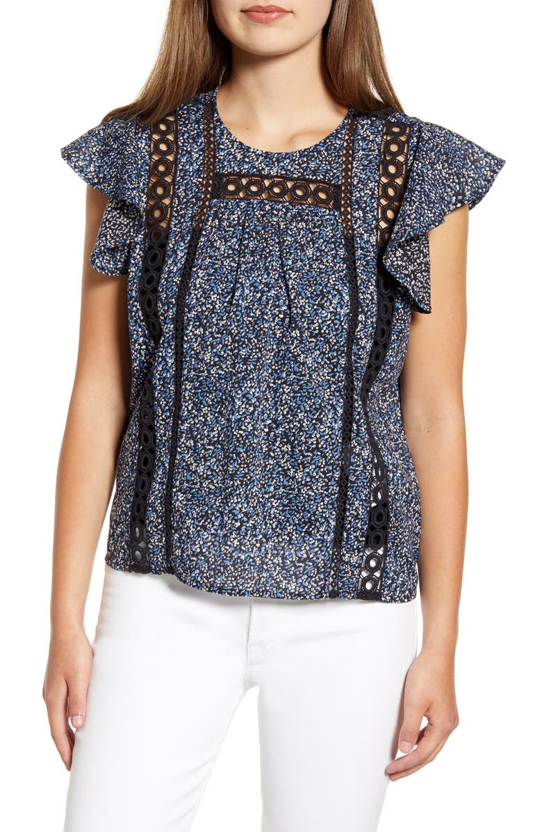 Grace Flutter Sleeve Cotton Top, Main, color, NAVY MULTI