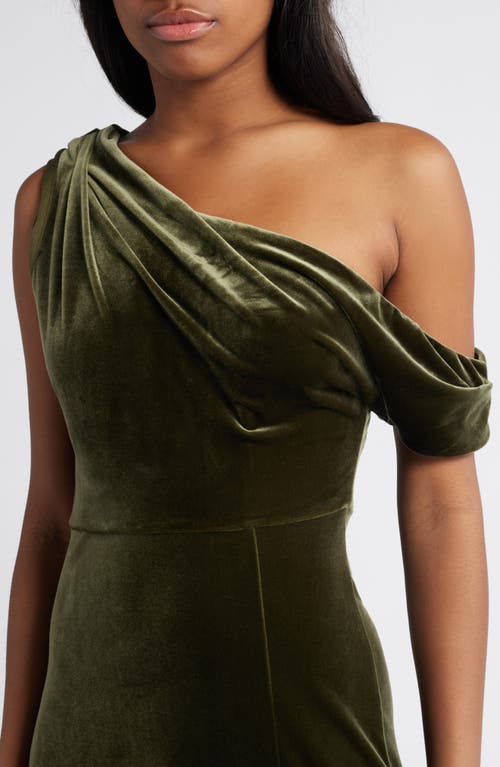 Shop Lulus Coveted Confidence One-shoulder Velvet Gown In Olive