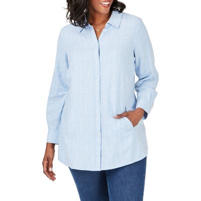 Plus Size Foxcroft Cici Herringbone Stripe Tunic Shirt, Blue