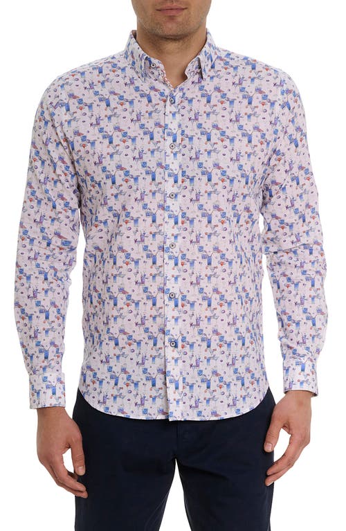 Robert Graham Cocktail Tailored Fit Print Linen & Cotton Button-Up Shirt White at Nordstrom,