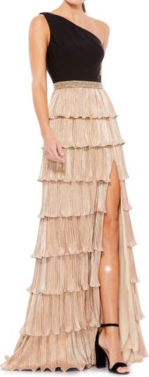 Mac Duggal Satin Ruffle Asymmetrical Neck Sleeveless Side Cut-Out High-Low  Gown