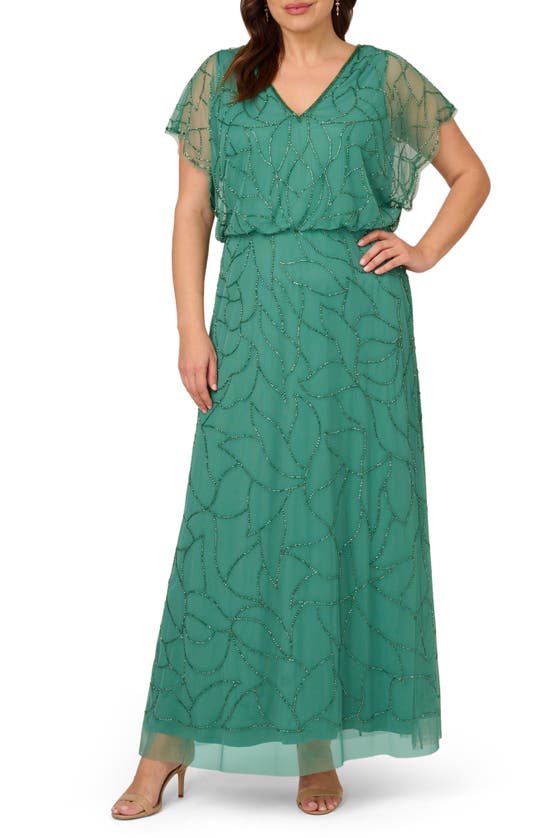 Shop Adrianna Papell Beaded Mesh Blouson Gown In Jungle Green