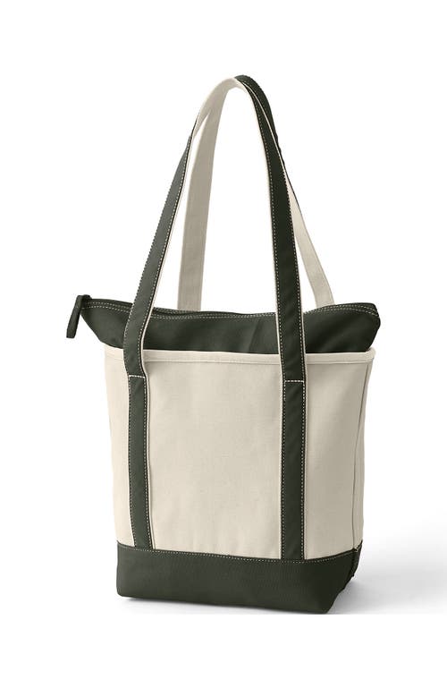 Lands' End Zip Top Long Handle Canvas Tote Bag In Natural/dark Olive Green