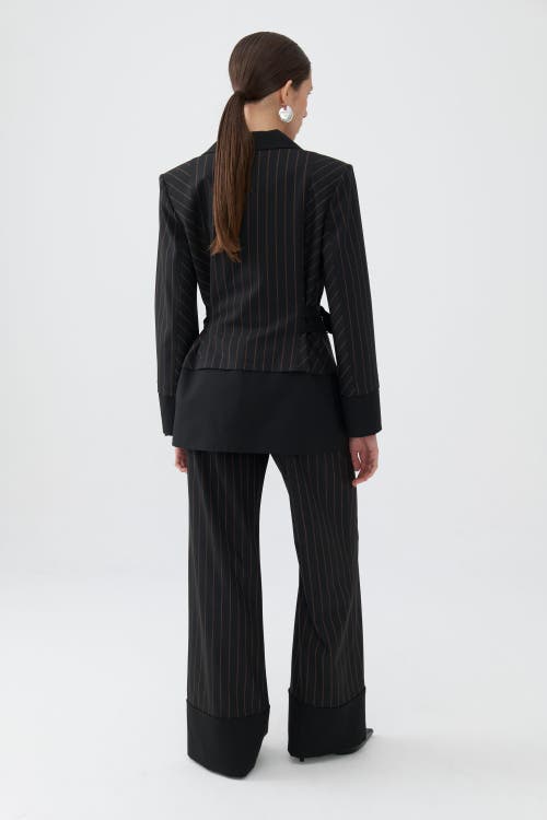 Shop Nocturne Striped Double Breasted Jacket With Belt Detail In Black