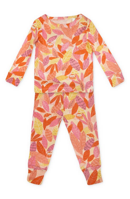 Oliver & Rain Kids' Leaf Print Fitted Two Piece Organic Cotton Pajamas In Ginger