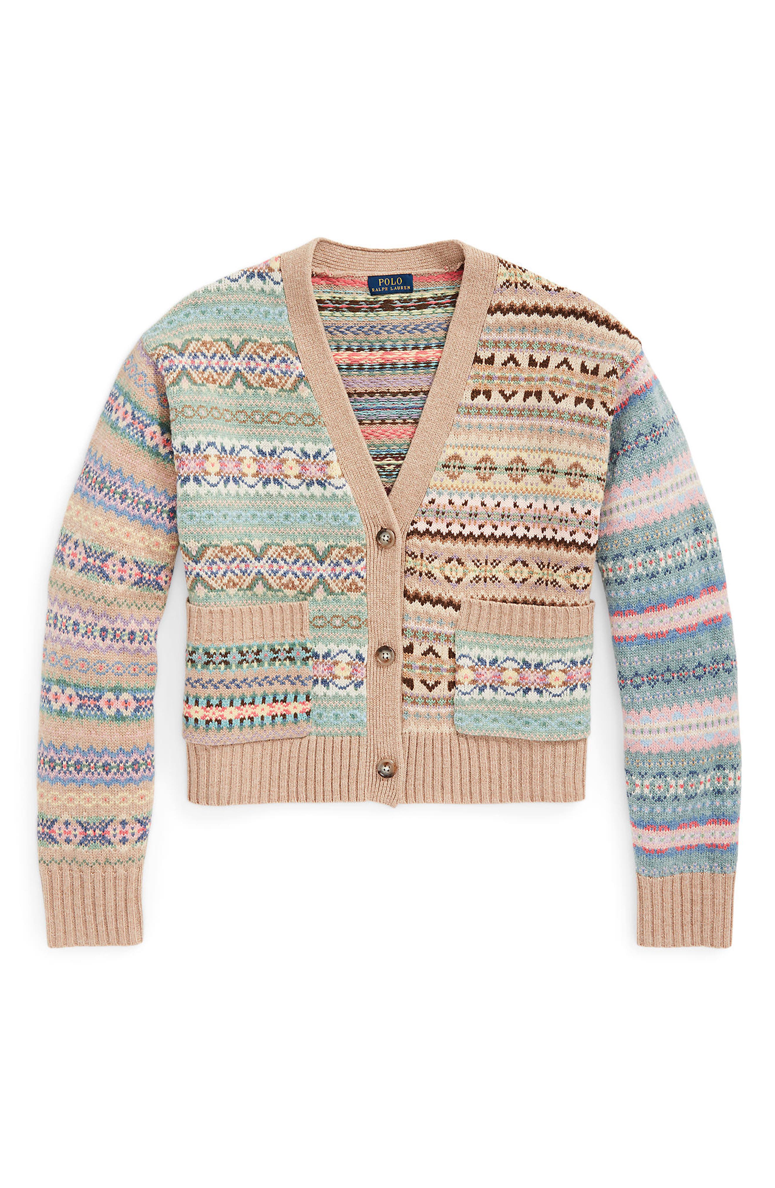 Ralph Lauren Women's Paneled Fair Isle V-Neck Cardigan - Size XL in Tan Multi