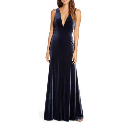 Jenny Yoo Logan Plunging V-Neck Velvet Gown, Blue