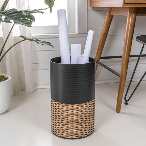 Happimess Asher Modern 2-tone Faux Wicker/metal Cylinder Waste Basket In Black/natural