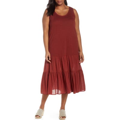Plus Size Caslon Mix Media Drop Waist Midi Dress, Burgundy