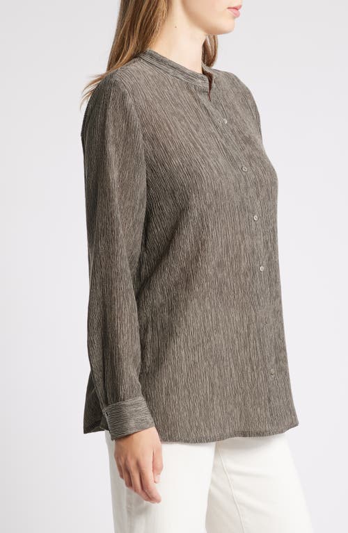 Shop Eileen Fisher Crinkled Band Collar Button-up Shirt In Taupe