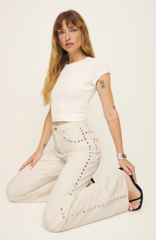 Shop Reformation Cary Studded High Waist Slouchy Wide Leg Jeans In Fior Di Latte Studded