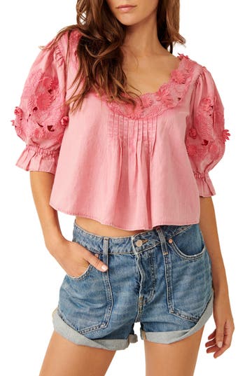 Free People Sophie Floral Appliqué Cotton Top In Pink