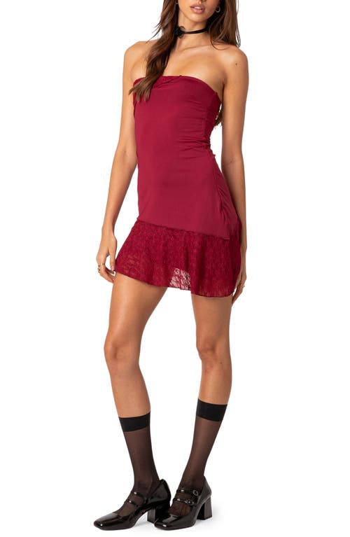 EDIKTED Lace Patchwork Strapless Minidress Red at Nordstrom,