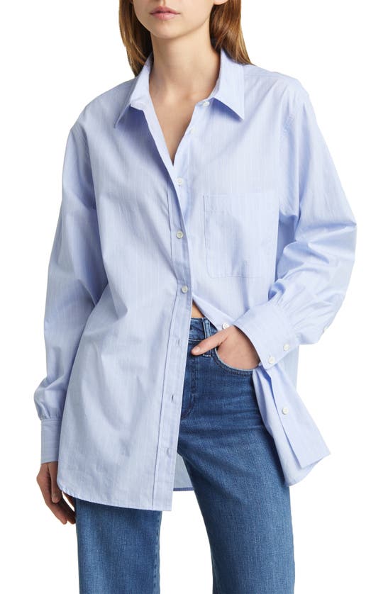 Shop Frame Pinstripe Oversize Cotton Button-up Shirt In Chambray Blue