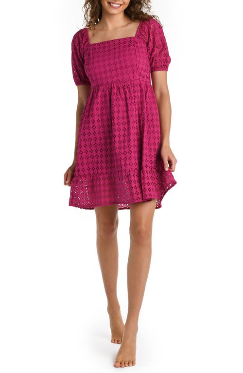 Puff Sleeve Cotton Eyelet Cover-Up Dress in Magenta