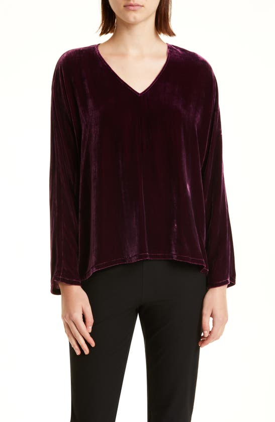 Eileen Fisher Long Sleeve V-neck Velvet Top In Sweet Plum