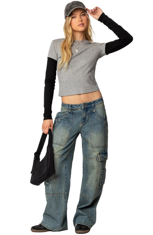 Edikted Layered Look Long Sleeve Cotton T-shirt In Gray-melange