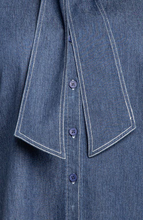 Buxom Couture Bow Neck Denim Shirt In Denim Blue