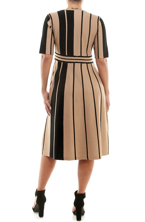 Shop Nina Leonard Stripe Elbow Sleeve Sweater Dress In Tan/black
