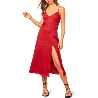 Reformation Brianna Side Slit Linen Dress, Red