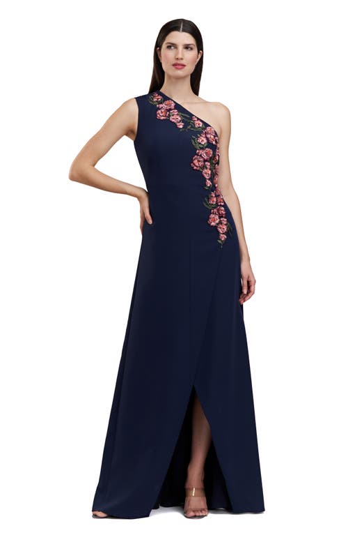 Shop Kay Unger Nadine Floral Embroidered One-shoulder Gown In Midnight