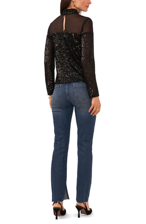 Vince Camuto Illusion Yoke Sequin Mock Neck Top In Rich Black