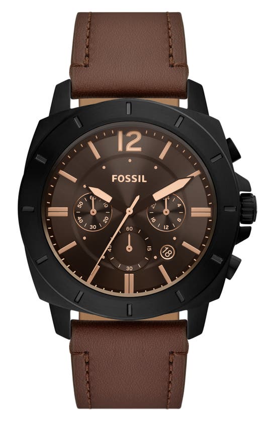 Fossil Privateer Chronograph Quartz Leather Strap Watch, 45mm In Black