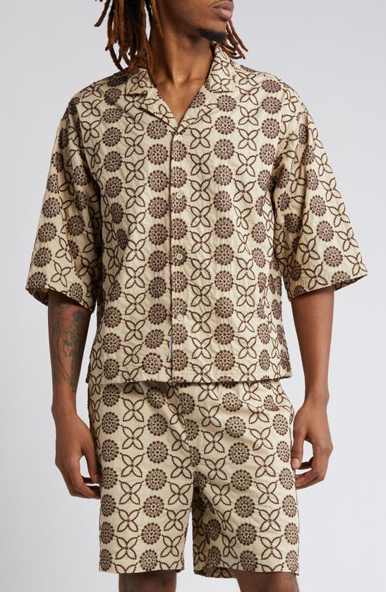 Shop Native Youth Embroidered Boxy Camp Shirt In Beige / Brown