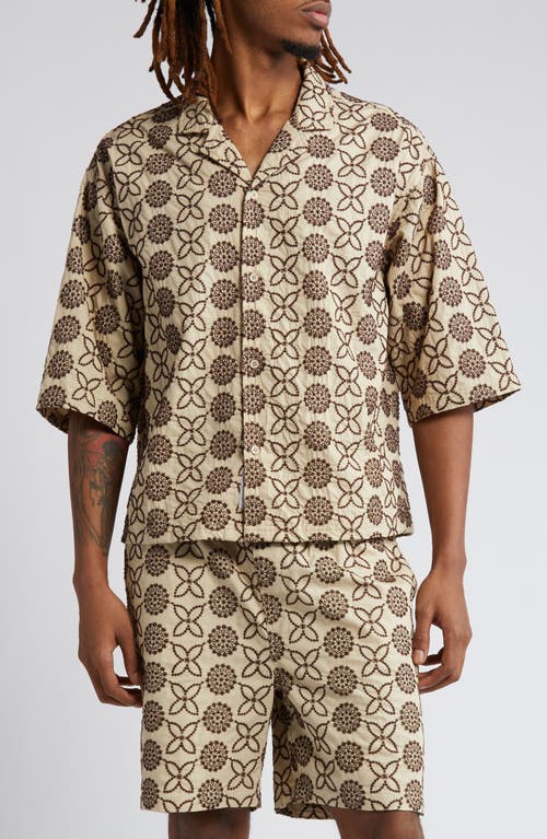 Embroidered Boxy Camp Shirt in Beige /Brown