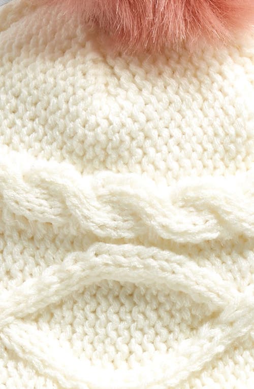 Surell Kids' Fleece Lined Cable Knit Beanie With Faux Fur Pompoms In White/dusty Rose
